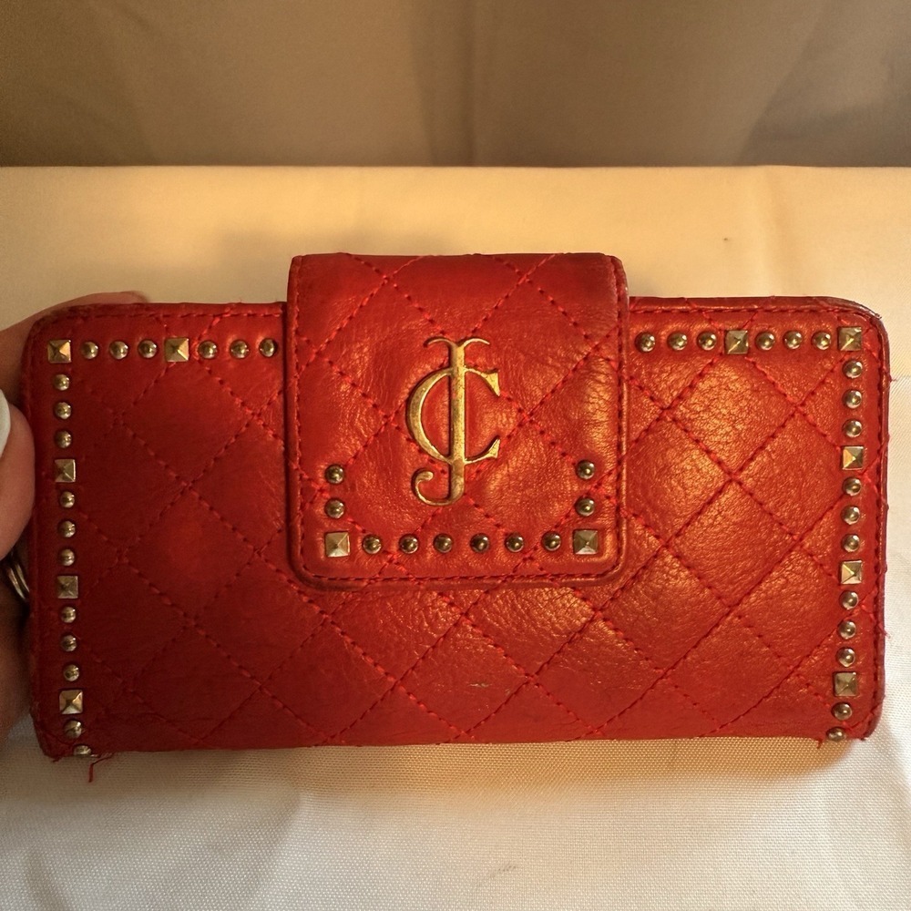 Juicy Couture 2012 Quilted Leather Studded Red Snap Wallet Clutch Card Holder